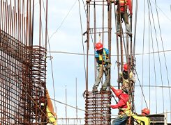 Workers erecting steel reinforcement cages for bridge piers